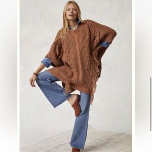 Anthropologie Women's Marled Fringe Poncho ONESIZE Bronze Knit Frontier